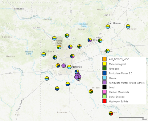 Map showing locations of air quality monitors throughout the AACOG Region